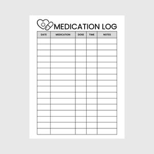 Może przedstawiać: Czarno-biały szablon dziennika leków z ikoną serca i pigułki u góry. Dokument zawiera nagłówek z tekstem MEDICATION LOG oraz kolumny oznaczone jako DATE, MEDICATION, DOSE, TIME i NOTES, po których następuje dwadzieścia wierszy.