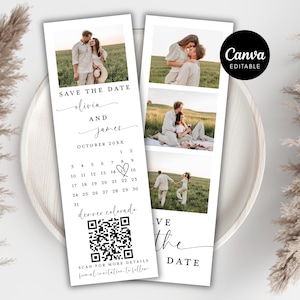 May include: Two white rectangular save-the-date cards with photos of a couple. The cards include the text "Save the Date," names, a calendar with a date circled, a QR code, and the location "Denver, Colorado." The Canva logo is visible.