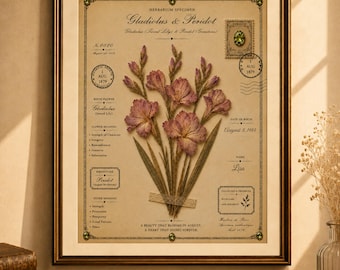 Könnte beinhalten: Gerahmter Druck mit einem gepressten Gladiolen-Blumenarrangement und einer Peridot-Edelstein-Illustration. Der Druck enthält Text über die Bedeutung der Blume und das Geburtsdatum, mit dem Text "PERSONALIZED BIRTH FLOWER & BIRTH STONE PRINT" am unteren Rand.