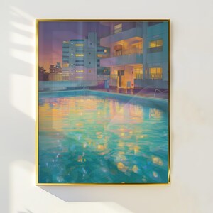 Puede incluir: Impresión artística enmarcada de una escena nocturna con una piscina que refleja las luces de la ciudad. La obra presenta un edificio con ventanas iluminadas y una piscina con agua brillante en tonos azules, amarillos y naranjas.