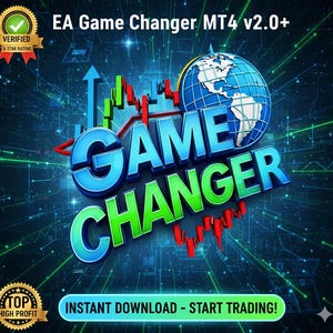May include: A digital graphic with the text "EA Game Changer MT4 v2.0+" and "GAME CHANGER" in blue and green 3D lettering. A globe graphic is in the background, with stock market charts and the words "INSTANT DOWNLOAD - START TRADING!"