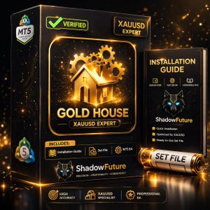 May include: A product box and guide with gold accents. The box features the text "GOLD HOUSE XAUUSD EXPERT" and a gold house graphic. The guide is titled "INSTALLATION GUIDE" and includes the "ShadowFuture" logo. A "SET FILE" is also visible.