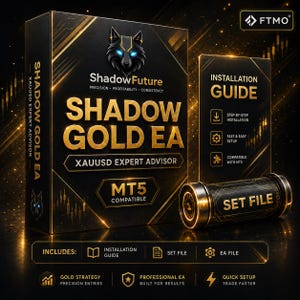 以下が含まれることがあります： オオカミのロゴが入ったShadow Gold EA XAUUSD Expert Advisorとラベル付けされた黒と金の箱。その横にはインストールガイドと円筒形のセットファイルコンテナがあります。テキストにはMT5 Compatible, Precision, Profitability, Consistencyが含まれています。