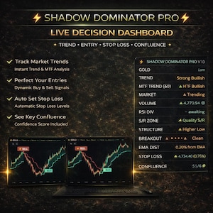 May include: A digital graphic with the text "SHADOW DOMINATOR PRO" and "LIVE DECISION DASHBOARD". The image displays market trend analysis, buy and sell signals, and stop loss levels. Two laptop screens show trading charts.