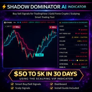 Può includere: Un grafico digitale che mostra strumenti di trading e analisi dei dati finanziari. L'immagine presenta grafici, segnali di acquisto/vendita e una dashboard con indicatori di mercato. Il testo include "SHADOW DOMINATOR AI INDICATOR" e "Buy Sell Signals for TradingView". Un banner in basso recita "$50 TO 5K IN 30 DAYS."