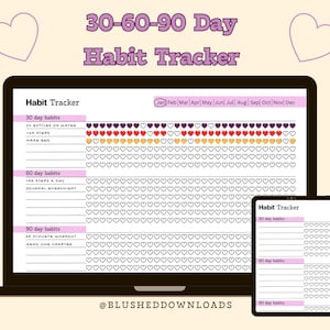 Może przedstawiać: Cyfrowy tracker nawyków wyświetlany na laptopie i tablecie. Ekran pokazuje 30-60-90-dniowy tracker nawyków z sekcjami dla celów 30, 60 i 90-dniowych. Tracker zawiera przykłady nawyków i pola w kształcie serca do śledzenia postępów.