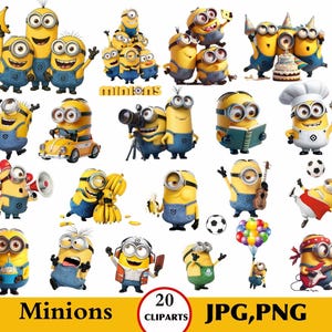 May include: A collection of 20 digital illustrations featuring yellow Minion characters in various poses and activities, including holding bananas, playing instruments, and wearing chef attire, with the text Minions 20 CLIPARTS JPG, PNG.