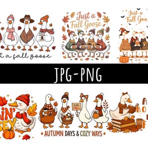 Könnte beinhalten: Eine Sammlung digitaler Illustrationen mit weißen Gänsen, die herbstliche Kleidung wie Schals, Mützen und Pullover tragen. Die Designs enthalten Texte wie Just a Fall Goose, Feelin' Goosey, Autumn Days & Cozy Ways und All Booked for Fall.