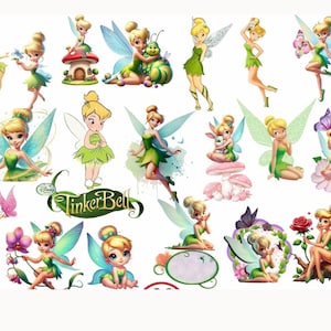 May include: A collection of Tinker Bell character illustrations featuring the fairy in various poses, wearing a green dress with translucent wings, interacting with flowers, butterflies, mushrooms, and a caterpillar, with the Disney Tinker Bell logo.