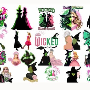 Può includere: Una collezione di adesivi con personaggi e temi del musical Wicked, incluse illustrazioni di streghe verdi e figure bionde in rosa, con testi come Wicked, Good or Wicked e Pink Goes Good With Green.