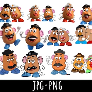 Pode incluir: Uma coleção de figuras do Sr. e Sra. Cabeça de Batata em várias poses, com corpos castanhos em forma de batata, características faciais de plástico removíveis, chapéus, sapatos e acessórios, sobre um fundo branco com o texto JPG-PNG abaixo.