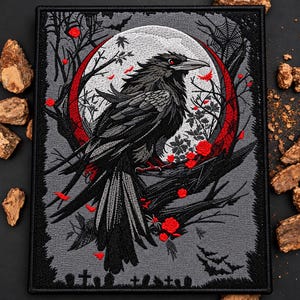Broderad rygglapp med gotisk korp | Kråka- och månlapp | Mörkblommig fågellapp | Stor sy-på jacklapp | Gotisk Halloweenlapp