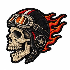 May include: An embroidered patch featuring a skull wearing a black motorcycle helmet with red and white stripes, goggles, and a star emblem. The design includes orange and red flames trailing behind the helmet on a black background.