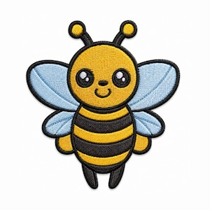 May include: An embroidered patch featuring a cartoon bee with a yellow and black striped body, light blue wings, and large black eyes with white highlights. The design is outlined in thick black thread, showcasing a symmetrical insect shape.