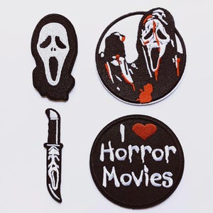Horror Movie Embroidered Patch Set | Ghost Mask Patch | Spooky Knife Patch | Halloween Horror Sew On Patches | Jacket Applique