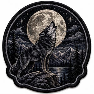 May include: A circular embroidered patch featuring a detailed scene of a wolf howling at a large, textured full moon. The design includes dark silhouettes of pine trees, jagged mountain peaks, and a reflective lake surface under a starry night sky.