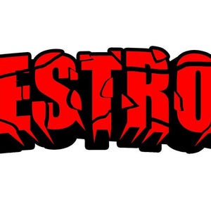 Könnte beinhalten: Das Wort DESTROY ist in fetten, roten Großbuchstaben mit einer rissigen, fragmentierten Textur geschrieben. Jeder Buchstabe hat eine dicke schwarze Umrandung und einen dunklen Schlagschatten, was einen dreidimensionalen Effekt erzeugt.