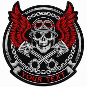 May include: A circular embroidered patch featuring a central skull wearing a helmet with goggles, flanked by red wings. Two crossed engine pistons sit below the skull, surrounded by a silver chain border. The text YOUR TEXT appears in red at the bottom.