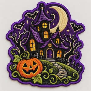May include: An embroidered patch featuring a haunted house with purple roofs and glowing yellow windows, a large orange jack-o'-lantern in the foreground, a crescent moon, bats, and bare trees against a dark purple background.