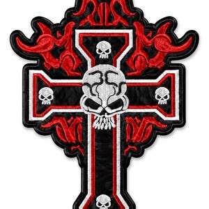 May include: An embroidered patch featuring a black cross with red and white borders. The design includes a large central white skull, four smaller white skulls positioned at the ends of the cross arms, and red decorative scrollwork accents.