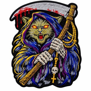 Grim Reaper Cat Embroidered Patch | Gothic Cat Sew On Patch | Scythe Skeleton Patch | Spooky Biker Jacket Back Patch