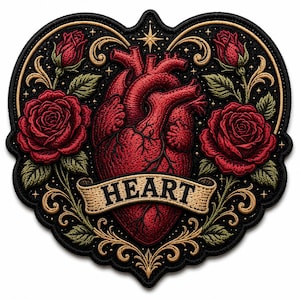 Op de afbeelding: Een hartvormige geborduurde patch met een gedetailleerd rood anatomisch hart in het midden, omringd door rode rozen met groene bladeren en gouden versieringen op een zwarte achtergrond, met een banner met het woord HEART in zwarte letters.