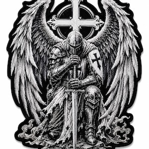 May include: A black and white embroidered patch featuring a knight in full plate armor kneeling while holding a long sword. The knight has large feathered wings and a shield with a cross emblem. A large cross is positioned behind the knight.