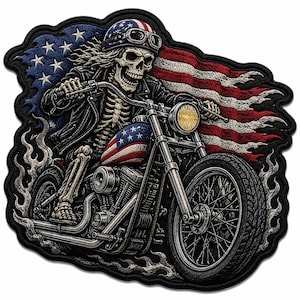 May include: An embroidered patch featuring a skeleton wearing a helmet with an American flag pattern, riding a motorcycle. The skeleton wears a leather jacket and goggles. A large American flag waves in the background, and flames surround the motorcycle.