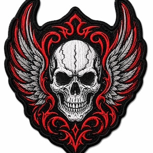 Gestickter Aufnäher für die geflügelte rote Totenkopfjacke - Bikerjacke hinten