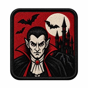 Puede incluir: Un parche bordado cuadrado que muestra a un vampiro de piel pálida, cabello oscuro y una capa negra y roja de cuello alto. El fondo muestra un cielo rojo, una gran luna llena blanca, la silueta oscura de un castillo y dos murciélagos negros volando.