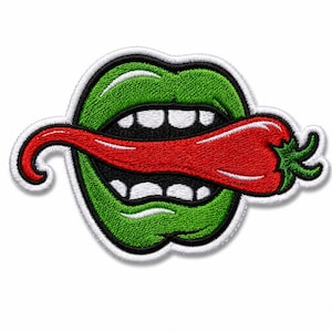 May include: An embroidered patch featuring a pair of green lips with white teeth biting down on a long red chilli pepper. The design is outlined in black and white thread, creating a bold graphic shape with a textured surface and vibrant colours.