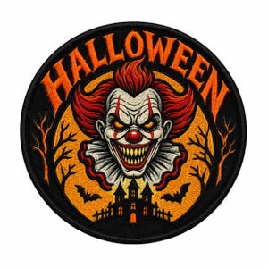 May include: A circular embroidered patch featuring a menacing clown with red hair, sharp yellow teeth, and a ruffled collar. The background is orange with a black silhouette of a haunted house, bare trees, and bats. The word HALLOWEEN is arched above.