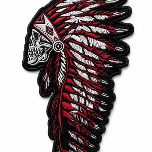 Skull Feather Headdress Embroidered Patch Red Black White Biker Patches