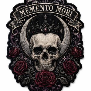 May include: An embroidered patch featuring a central human skull wearing a dark crown, positioned before a crescent moon. The design includes deep red roses, ornate filigree, and a banner at the top with the text MEMENTO MORI in white letters.