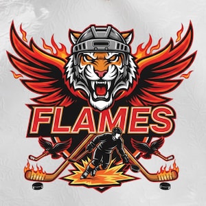 May include: A vibrant graphic featuring a tiger wearing a hockey helmet with flames and wings. The word "FLAMES" is displayed in bold red letters. Hockey sticks and a player are also included in the design.