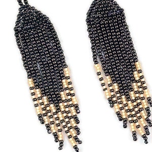 Black and Gold Seed Bead Earrings, Dangle Earrings, Drop Earrings, Seed Bead Earrings, Black Seed Beads, Gold Earrings, Fringe Earrings