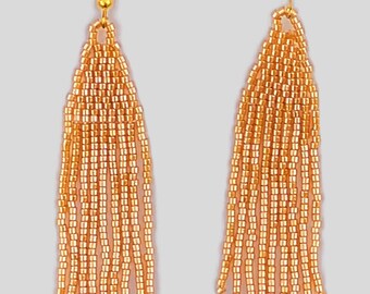 Shiny Gold Bead Earrings, Gold Seed Bead Earrings, Gold beaded earrings, Fringe bead earrings, Dangle earrings, Pinkish Gold Earrings