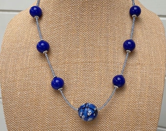 Blue Glass Bead Necklace, Big Bead Necklace, Seed Bead Necklace, Handmade Bead Necklace, Dark Blue and Seed Bead Necklace , Short Necklace