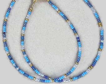 Blue and Gold Seed Bead Choker,Dark and Light Blue Choker,Blue,white and Gold Choker,Layer Necklace, Minimal, Tiny Beads,Gypsy Style,Gift,