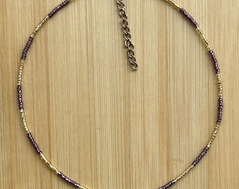 Gold & Purple Seed Bead Choker: Adjustable Minimalist Necklace