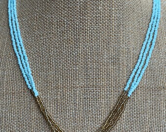 Blue and Gold Seed Bead Necklace, Teal or pale blue seed beads, Dainty Necklace, Minimalist, Long Necklace, Handmade, Every Day Necklace.