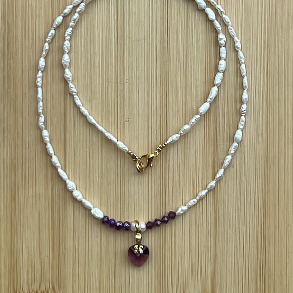 Layering Necklaces, Pearl Necklace with Heart Pendant, Amethyst Heart, CZ Pendant, Crystal Necklace, Amethyst Beads,Adjustable Necklace,Gift