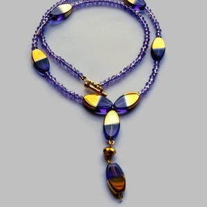 Price Reduced, Purple Glass Bead Necklace, February Birthstone Color, Lavender-Gold Oval Glass Bead Necklace, Lavender Crystal Necklace,