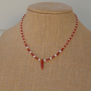 Adjustable Rice Coral and Pearl Graduated Choker with Pendant, Graduated Freshwater Pearls, Graduated Rice Corals, Bamboo Coral Pendant