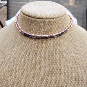 Two Chokers, Pink and Black Freshwater Pearl Choker, Layer Necklaces, 13 and  13 1/2 inches chokers, Semi precious Necklace, Rice Pearls