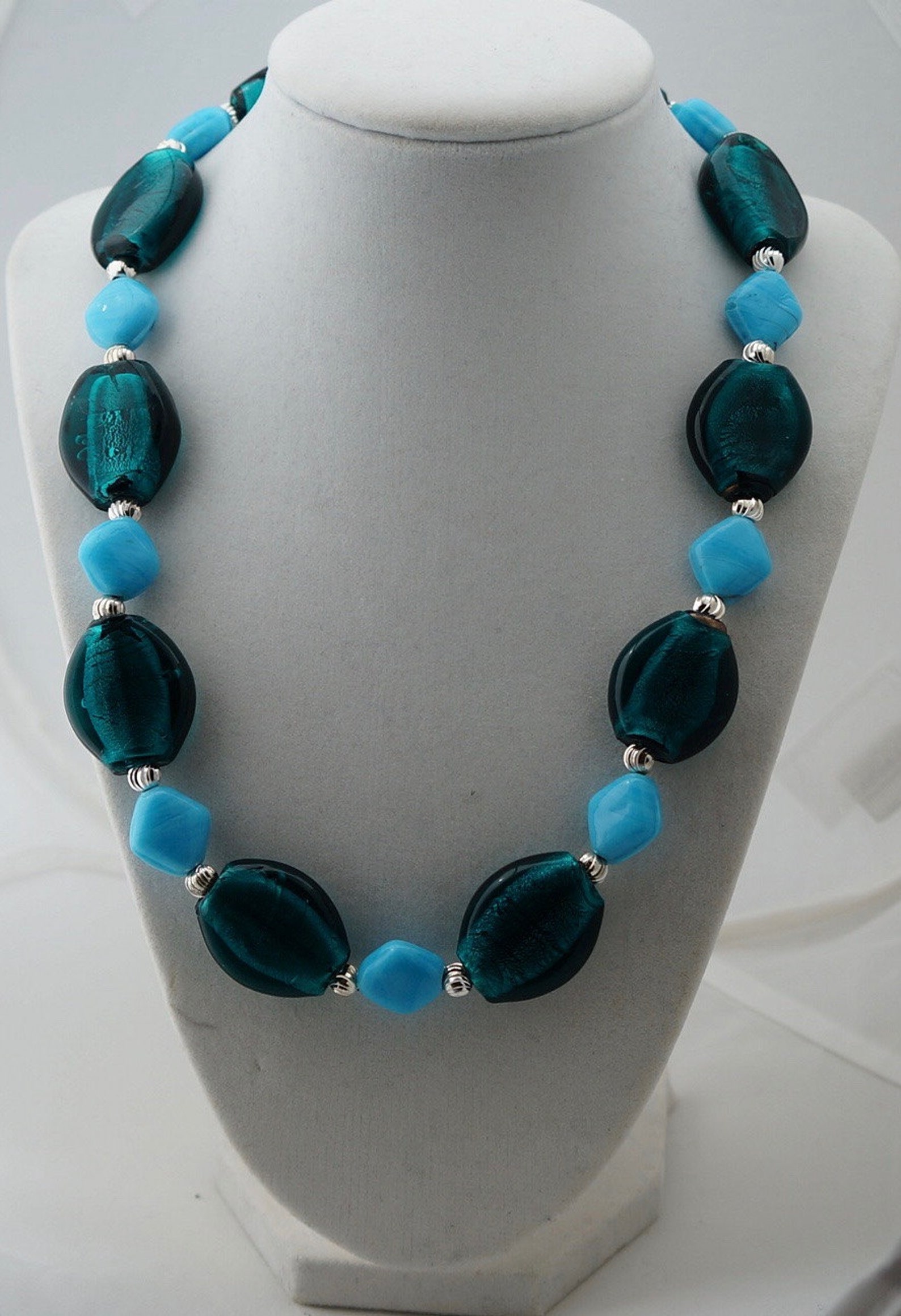 Blue Glass Bead Necklace Set, Bright Blue Necklace, Royal Blue Necklace
