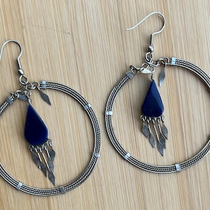 Peruvian Earrings, Vintage, Alpaca, Peruvian Style, Hoop Earrings, Ethnic, Gift for Girl Friend, Gift for Teens, Holiday Gift, Blue Agate.
