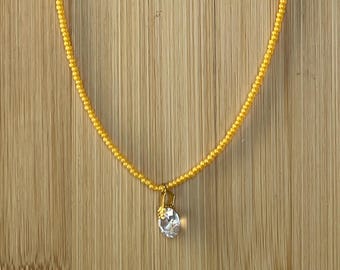 Canary Yellow Necklace, Yellow Seed bead Necklace, Zirconia Pendant Necklace, Bright Yellow Seed Beads, Gift for all Occasions, Teen Gift.