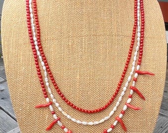 Mother"s Day Gift, Natural Red Coral  Necklace, 3 strands coral and pearl necklace, Bamboo Corals,PRICE REDUCED,Gift for Her,Gift for Mother