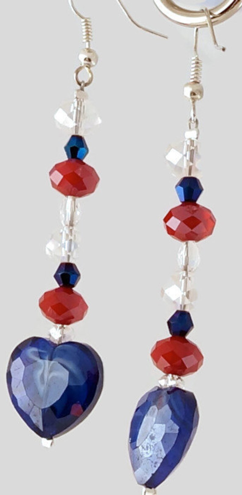 Patriotic Jewelry / July 4th Jewelry/ Red,White and Blue Bracelet, Earrings in Crystals and glass bead heart/ Holiday Jewelry image 2